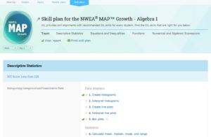 Screenshot showing the NWEA MAP Growth skill plan for Algebra 1.