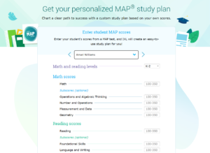 Screenshot of a page where teachers can enter their students RIT scores to create a personalized NWEA MAP study plan. Teachers select the students' grade at the top, then