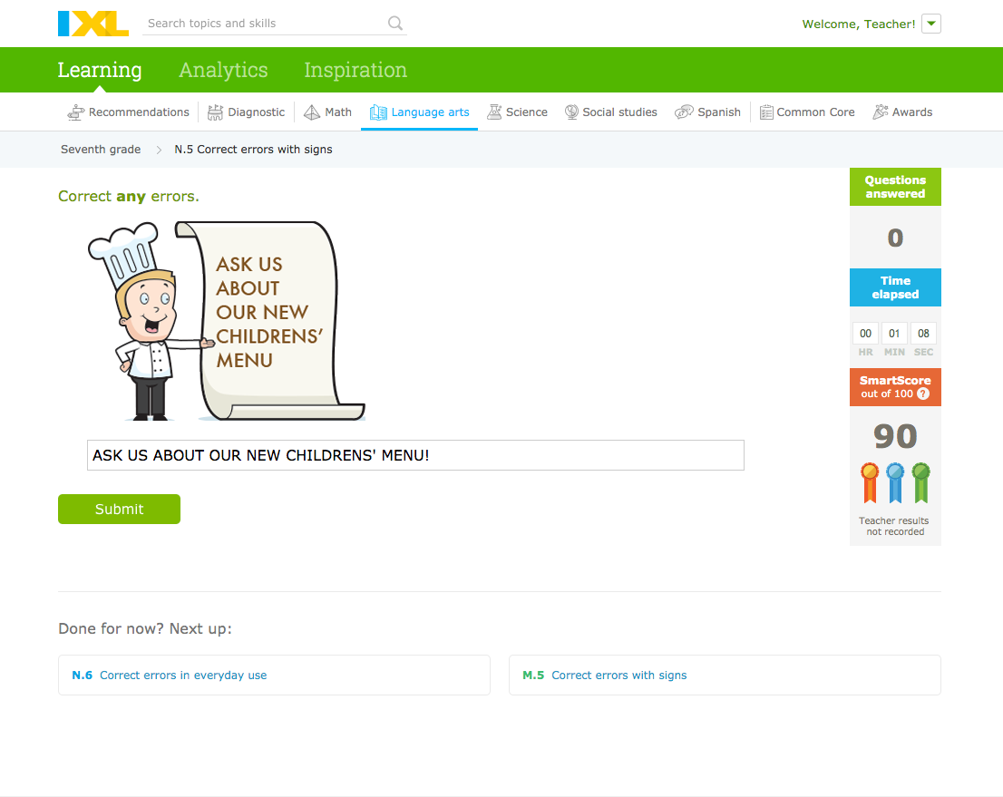 Screencapture ixl ela grade 7 correct errors with signs 2019 05 14 10