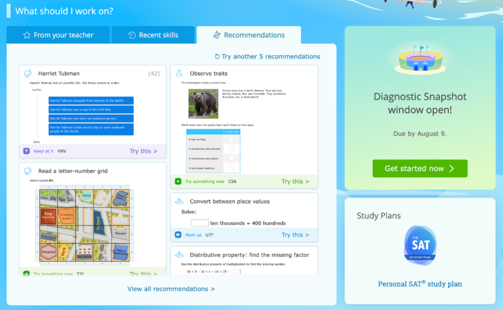 Student dashboard recommendations