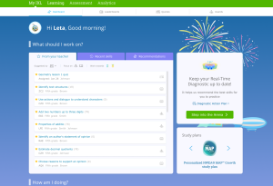 IXL student dashboard showing a list of skills assigned by a student's teacher, a prompt to use IXL's Diagnostic to keep diagnostic data up to date, and a selection of study plans the student's teacher has pinned for them.