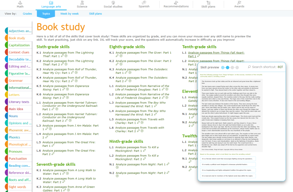 A Topic page showing all of IXL