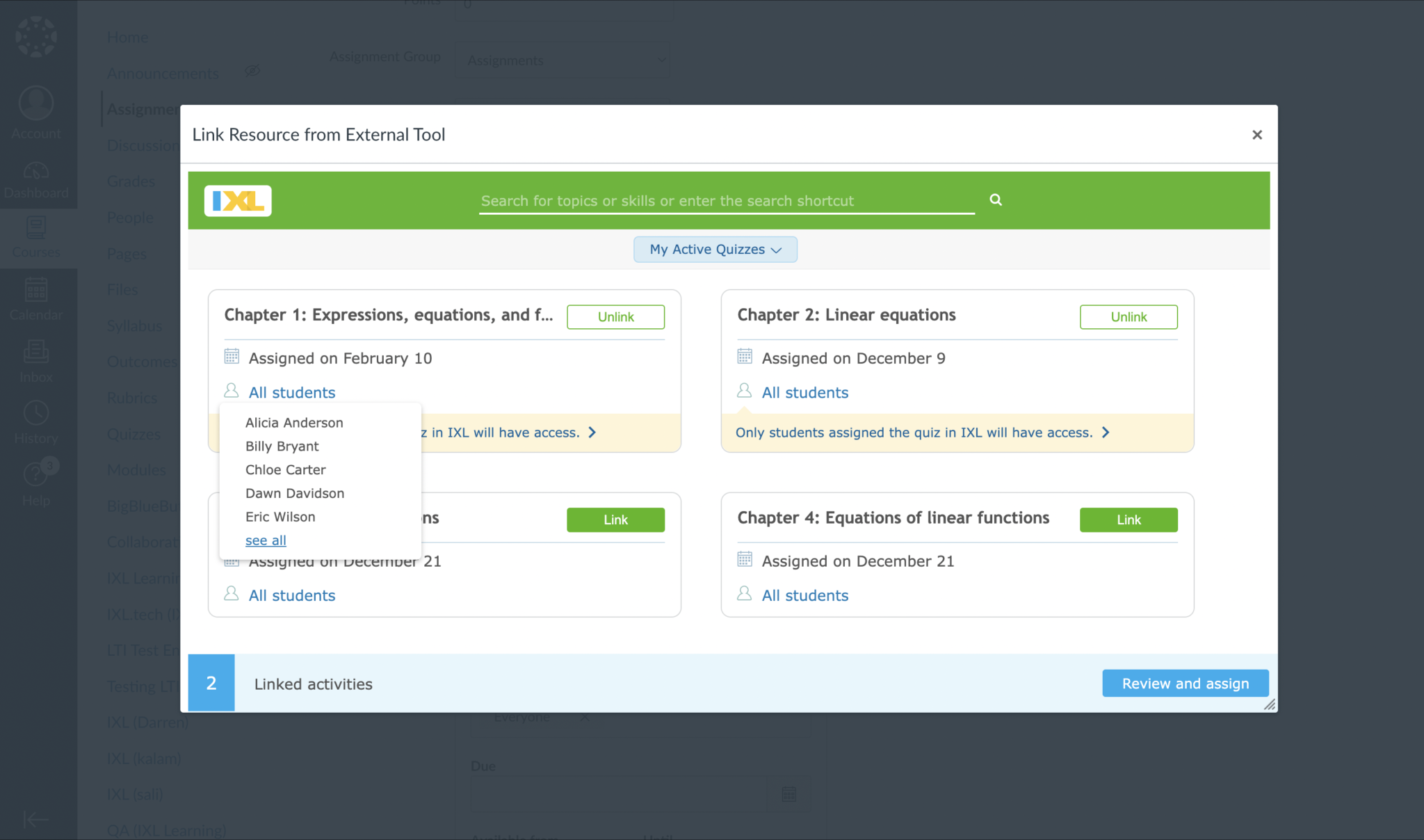 5. Activity selector my active quizzes view student hover IXL
