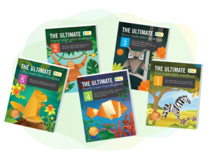 Five of IXL's Ultimate Workbooks. Each one covers math topics for a different grade, with grades 1 through 5 represented.
