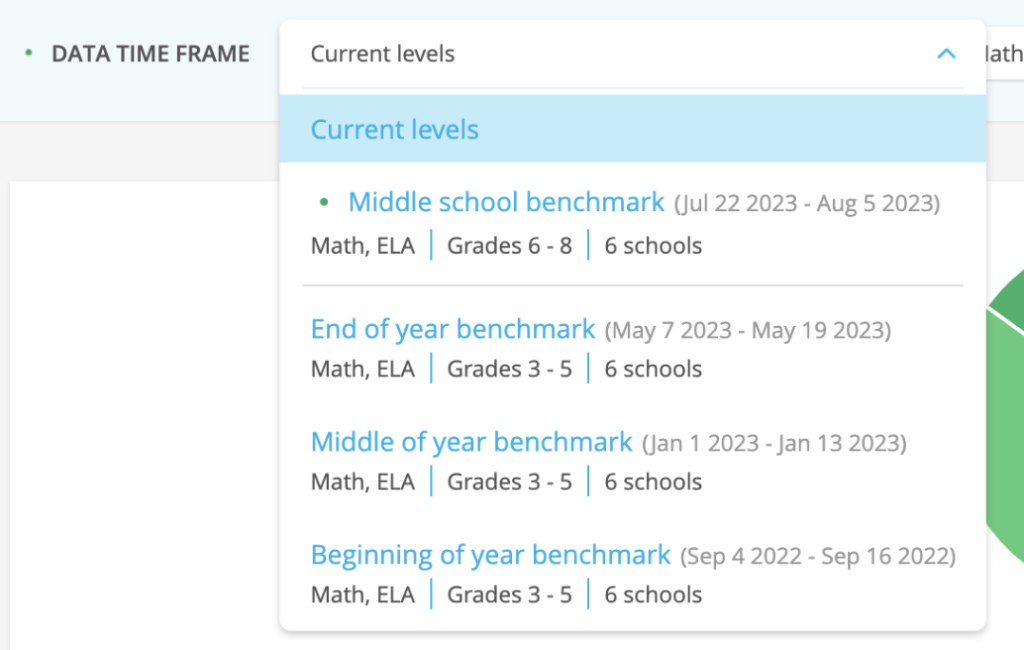 An image of a drop-down menu that shows available Diagnostic Snapshots from which administrators can view data. The menu shows both Snapshots from the current school year and Snapshots from the previous school year.