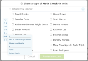 View of someone sharing an IXL Quiz. There is a list of teachers in a school as well as other schools in the district that the user can share the quiz with.