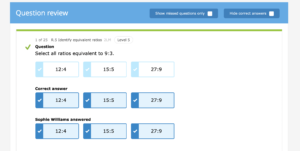 View of a user reviewing questions answered in a quiz. The question shows the correct answer, the skill the question was taken from, and the difficulty level of the question. There are options to only show missed questions and hide correct answers.