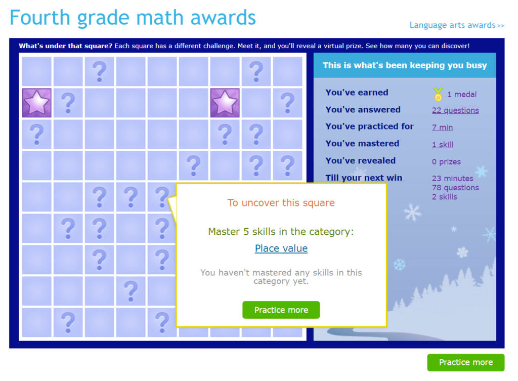 Fourth grade math awards page with an award goal pop-up