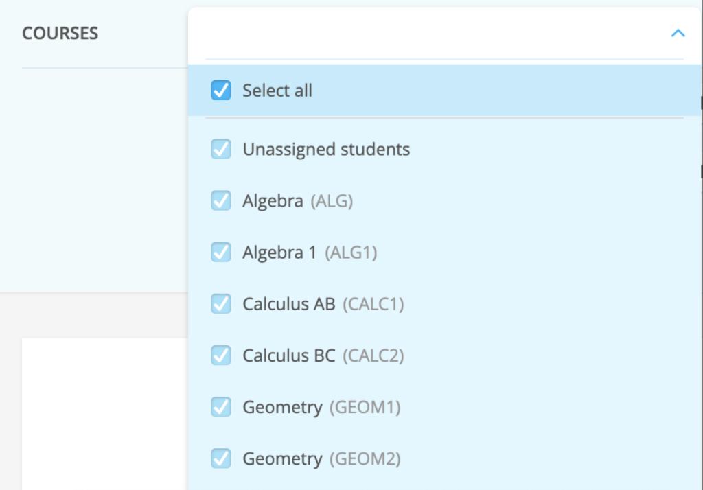 A menu of course options for filtering. The courses have both a name and a course code.