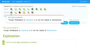 A Group Jam in IXL. The teacher has all of their students working on the same problem, and can see which students got the question right, which got it wrong, and what the students who got it wrong entered as an answer.