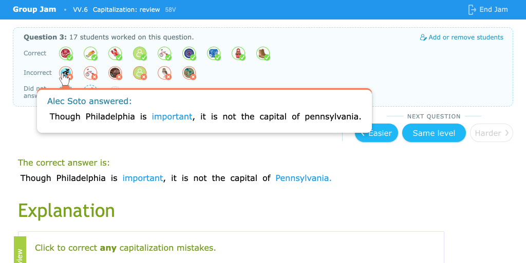 A Group Jam in IXL. The teacher has all of their students working on the same problem, and can see which students got the question right, which got it wrong, and what the students who got it wrong entered as an answer.
