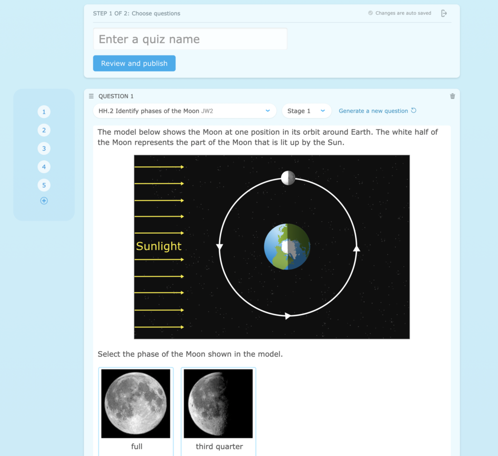 A quiz being created in IXL. The user has selected a skill and IXL has drawn a question from it to add to the quiz.