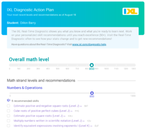 Image of an IXL Diagnostic Action Plan. It shows a student's overall math level is 850 and level for the Numbers & Operations math strand is 850. Underneath the strand level are five recommended skills for the student to practice.