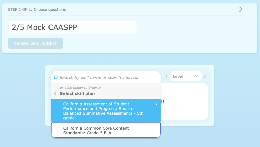 Image of the IXL Quiz creation screen. A menu for searching for skills shows two skill plans that the user has pinned, allowing quick access to relevant skills.
