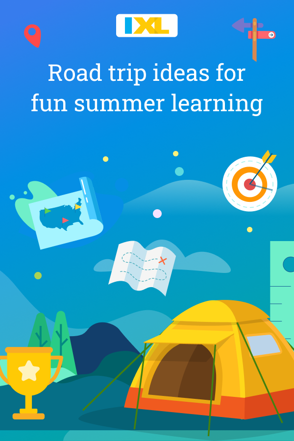 There is a collage of a landscape with a tent, maps, road sign, bullseye, and trophy cup.