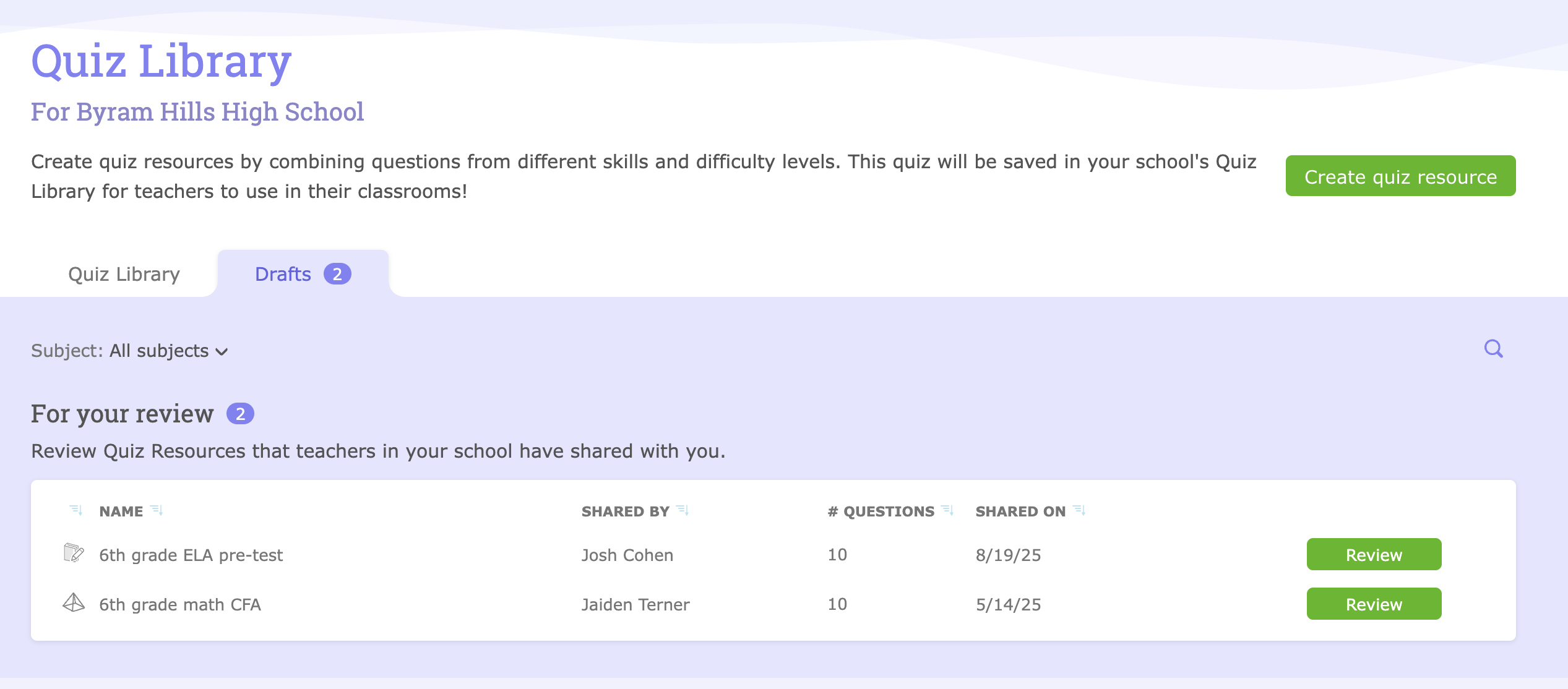 Review Quiz Library Drafts