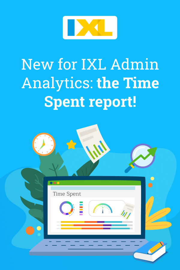 Set in front of a blue background, a laptop is displaying an illustrated version of the Time Spent report. There are school-related design elements around the laptop, such as a book, pencil, clock, paper report, and magnifying glass.