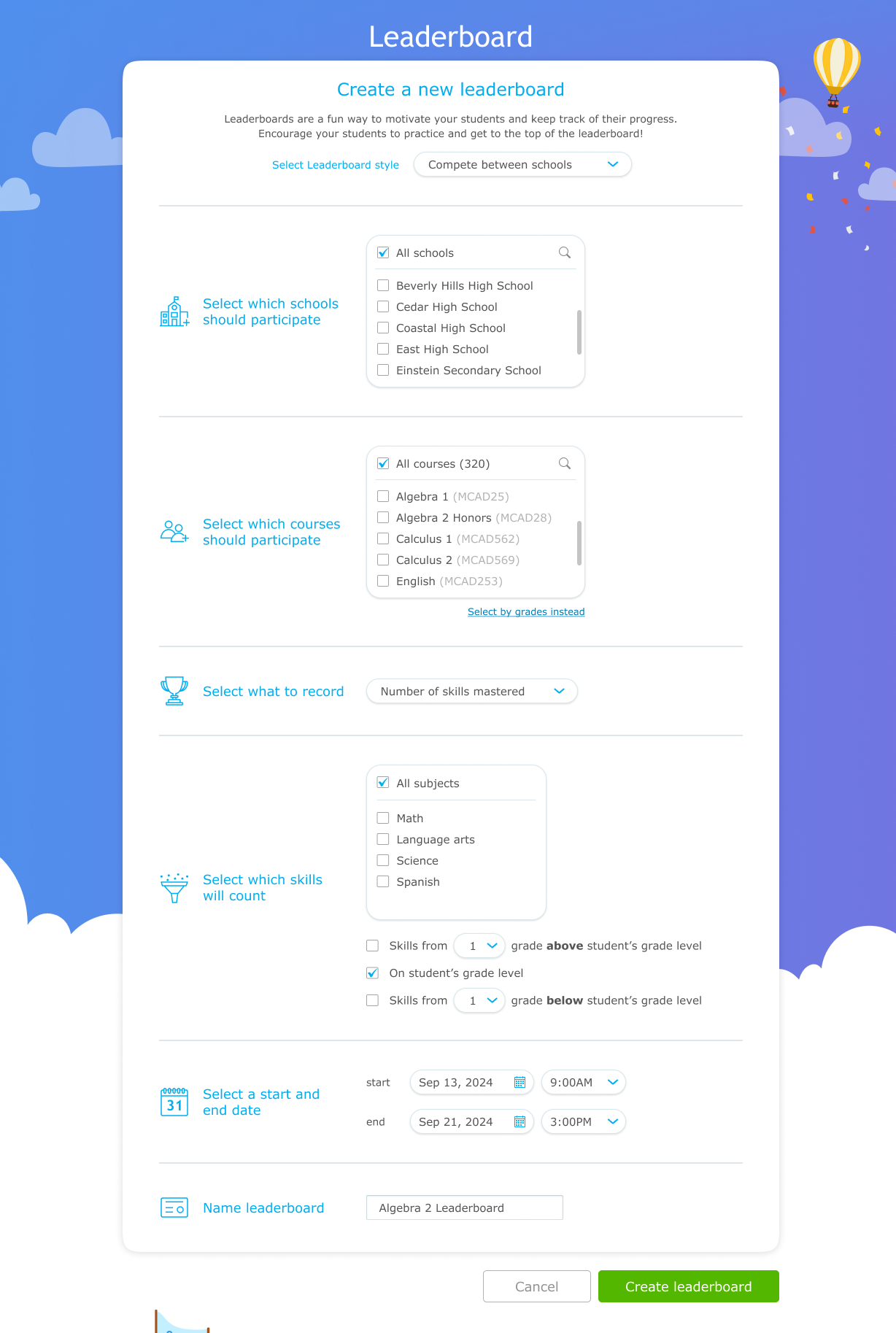Creation form for district-wide IXL Leaderboards