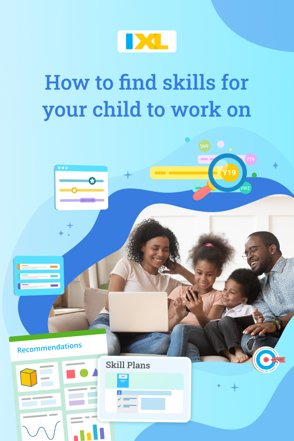 Over a light blue background, a photograph of a family sitting on a couch, smiling while the daughter solves a problem on her phone. Around them are icons showing IXL skill plans, the Diagnostic, the Recommendations wall, skill codes, and a bullseye.