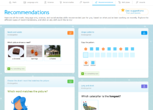 A feed of tiles show different recommended skills at a kindergarten level. Each tile shows a skill for a different subject, including math, English language arts, science, and social studies.