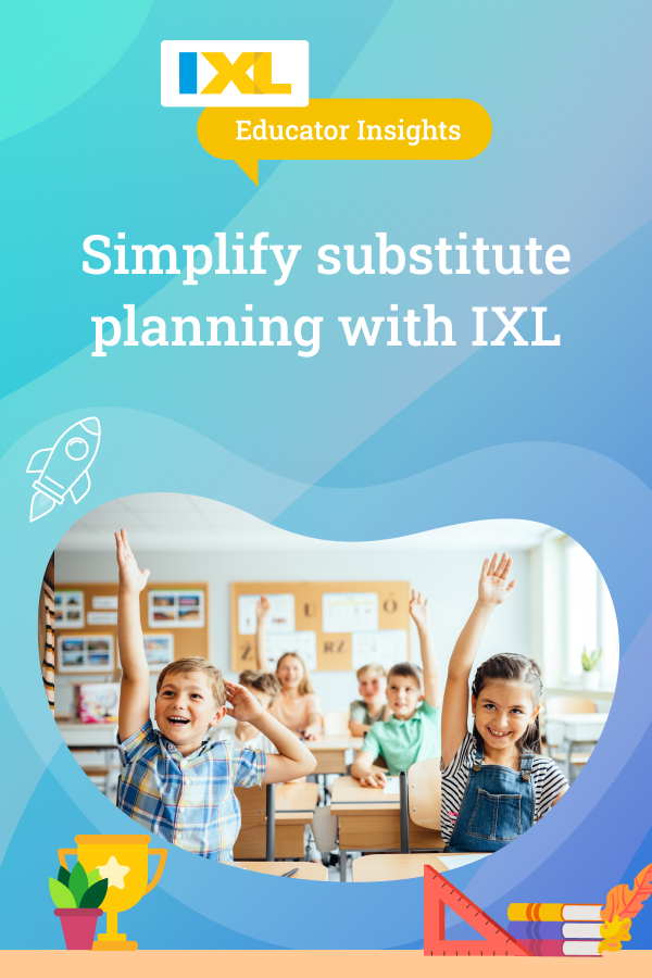 On the right side, there are smiling children raising their hands at their desks in a classroom. Around this image, there are illustrative elements such as a plant, trophy, and books. The background is blue.