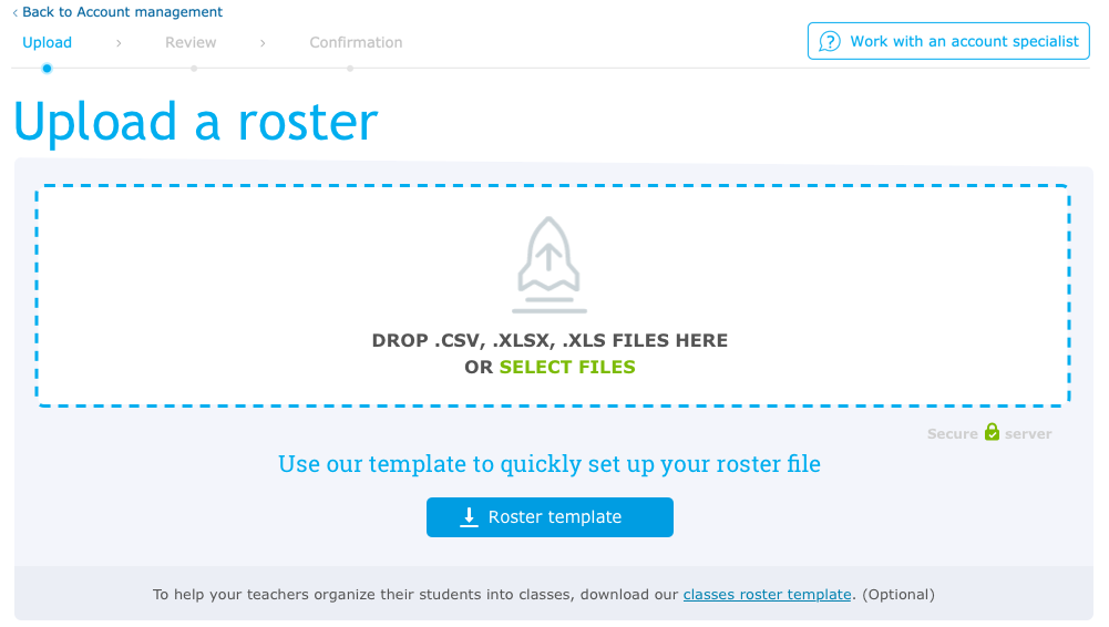 Webpage that admins use to upload roster spreadsheets. It also has a button to download a roster template to make setting up a roster file faster.