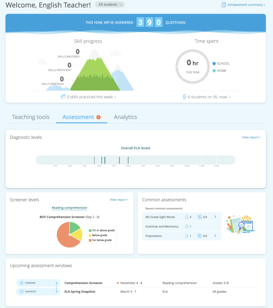 Assessment section of the teacher dashboard showing data for all IXL assessments, such as an upcoming Reading Comprehension Screener window.