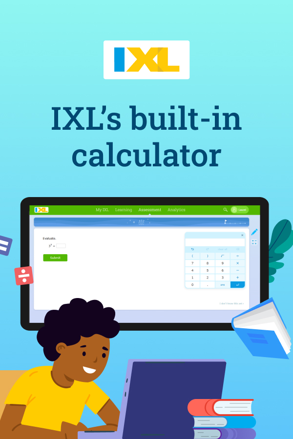 A child works on a laptop. Above is an image of a question on the IXL Diagnostic with a calculator on the right side of the screen.