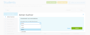 IXL's assessment accommodations window open for a student. A dropdown menu shows options for extended time on the Math Benchmark, including none, 150% time, 200% time, and unlimited time.