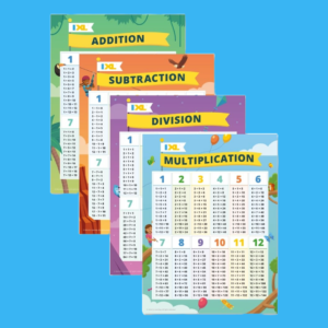 Four IXL math posters (covering addition, subtraction, division, and multiplication, respectively) over a blue background.