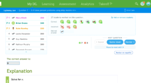 View of a Lightning Jam from a teacher's perspective. A box shows the number of students who worked on a question, including who got it right, wrong, and didn't answer. To the left is a leaderboard showing students' points. Below are controls to determine the difficulty of the next question.