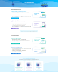 Webpage showing, from top to bottom, IXL's benchmarking solutions, universal screeners, and research on the effectiveness of IXL's assessments.