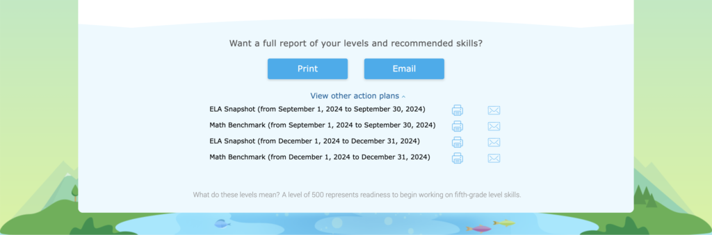 The bottom of the IXL assessment tab with a new button that says "Share with family" next to the "Print action plan" button.