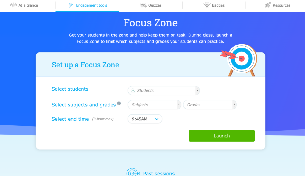 The Focus Zone landing page. A menu lets teachers select students, allowed subject, and allowed grades for the Focus Zone, as well as an end time.