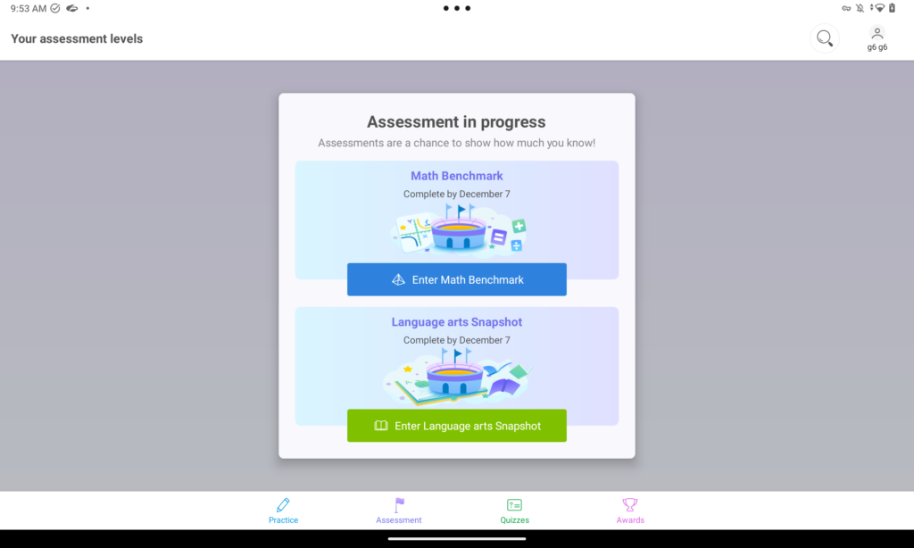 The Assessment tab of the IXL tablet app for Android. There