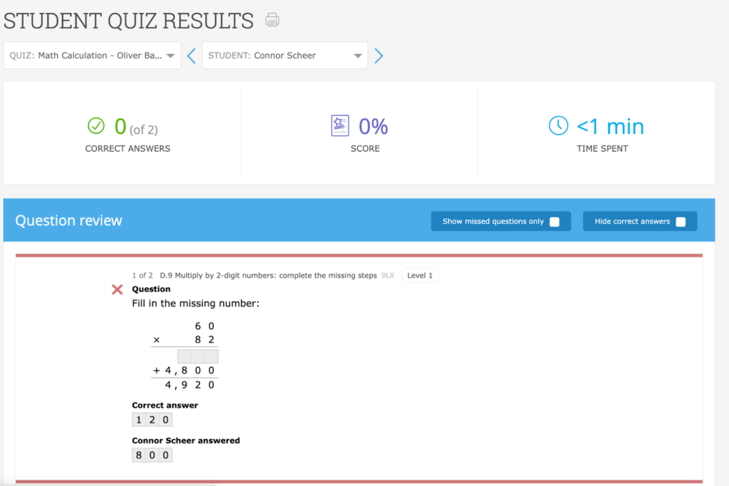 Student Quiz Results report showing one student
