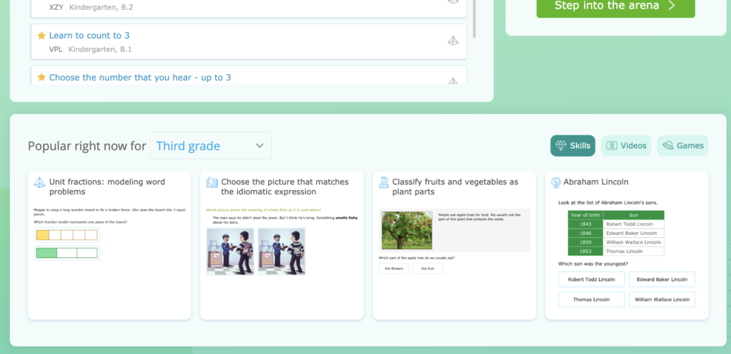 At the bottom of a child account dashboard, an area with links to popular content around IXL. At the top of the area is a menu to change the grade level of the recommendations, and buttons to choose between skill, video, and game recommendations.