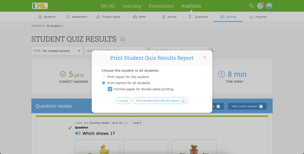 A popup menu in front of the Study Quiz Results report that gives options to print the report. Options include printing for a specific student or all students, as well as formatting pages for double-sided printing.