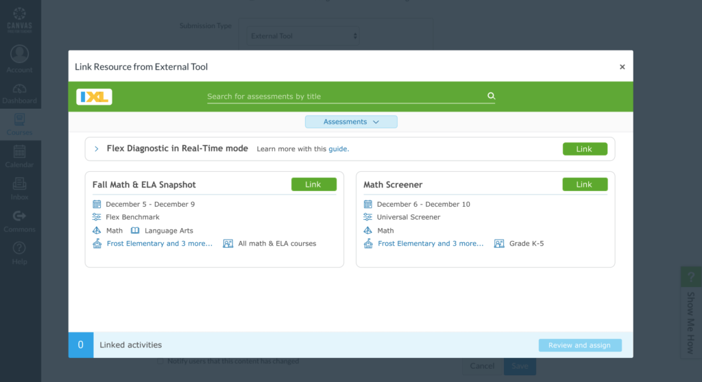 A window open in the LMS Canvas. The window is labeled "Link Resource from External Tool" and has link options for the Flex Diagnostic in Real-Time mode, a scheduled math & ELA Flex benchmark, and a scheduled math screener.