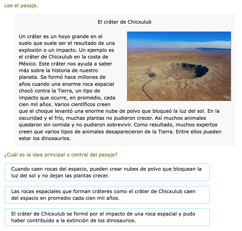 An IXL skill asking students to select the main idea from a passage about the Chicxulub crater.