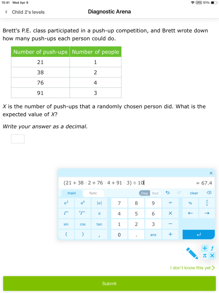The Diagnostic Arena open in the IXL iPad app. In the bottom right corner of a math question a scientific calculator is open.