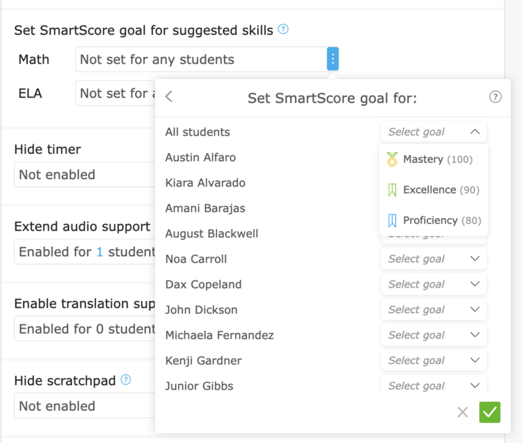 A menu to set SmartScore goals for students. A dropdown menu shows the options are Proficiency (80), Excellence (90), and Mastery (100). The menu lets users set a goal for the whole class and goals for individual students.