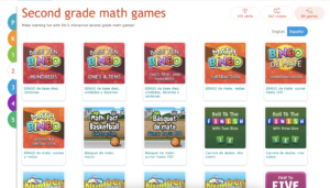 A landing page for second grade math games. There is a toggle set to "Español" instead of "English." Math games are displayed in a grid, and all of the titles are in Spanish.