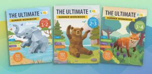 IXL's three Ultimate Summer Workbooks arranged in a row. The grade 1 & 2's cover depicts an illustrated elephant, grade 2 & 3's book cover shows an illustrated brown bear, and grade 3 & 4's book cover shows an illustrated fox.