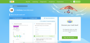 On an IXL parent account, the My IXL tab is selected. The screen shows the dashboard for one of the child accounts, displaying skills the child should work on and a prompt to enter the Diagnostic arena. At the top left is a dropdown menu to select a different child account.