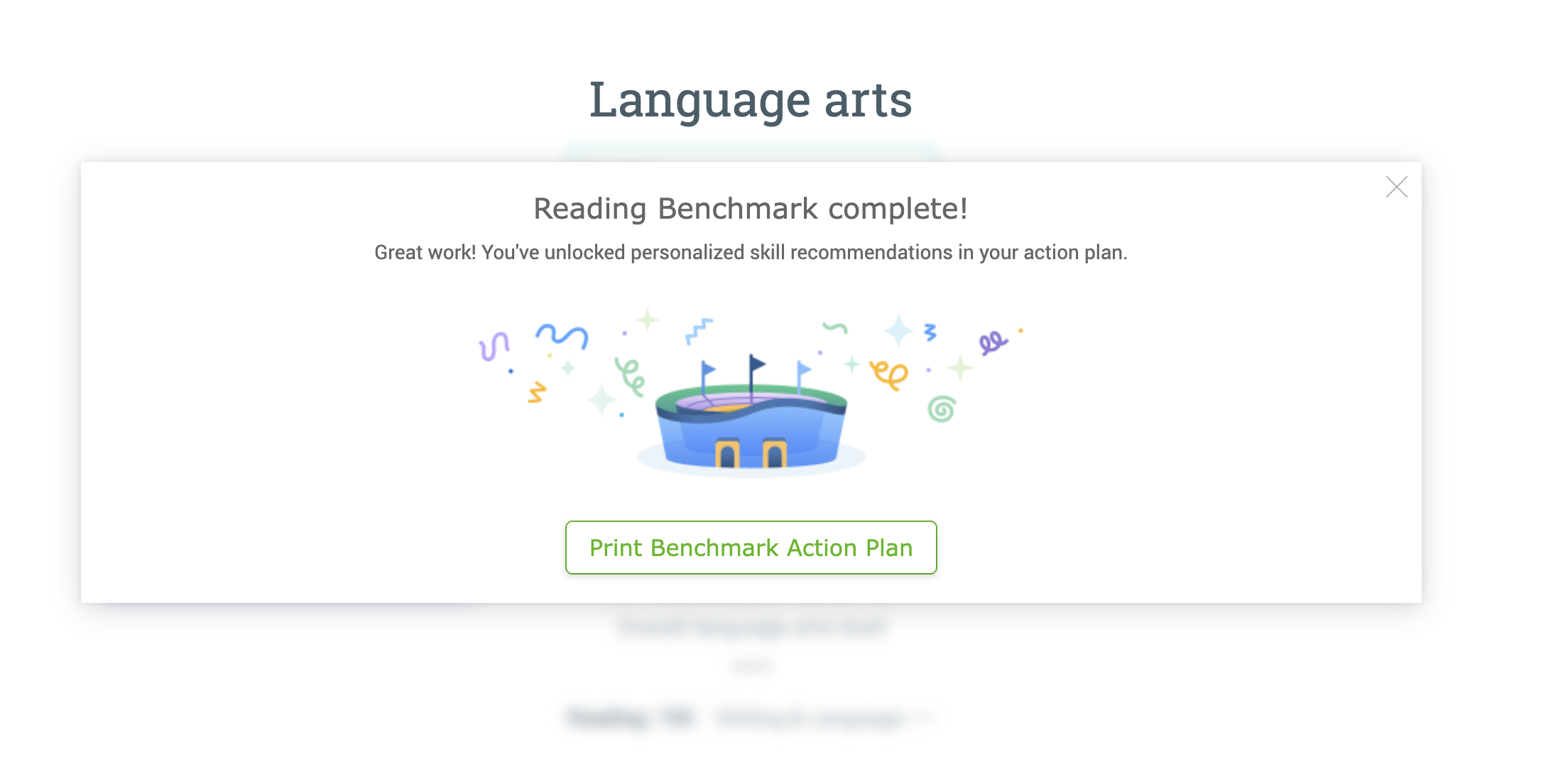 A popup window that says "Reading Benchmark complete! Great work! You