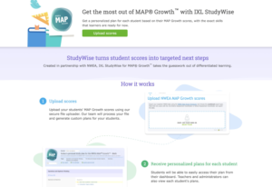 The MAP Growth page for IXL Studywise. A green "upload scores" button is at the top. Below are step-by-step instructions on how to use the tool to get personalized plans.