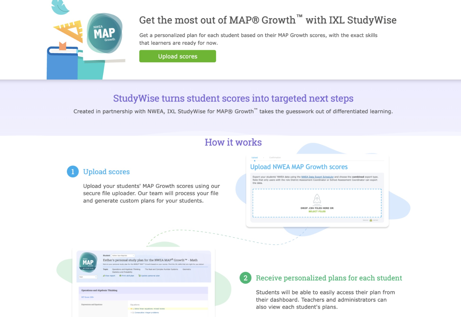 The MAP Growth page for IXL Studywise. A green "upload scores" button is at the top. Below are step-by-step instructions on how to use the tool to get personalized plans.