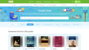 The Vocab Zone displaying literature lists for 12th grade. The first row of lists is visible, showing vocab lists for the books A Room with a View, All the Light We Cannot See, As I Lay Dying, Beloved, and Billy Budd.