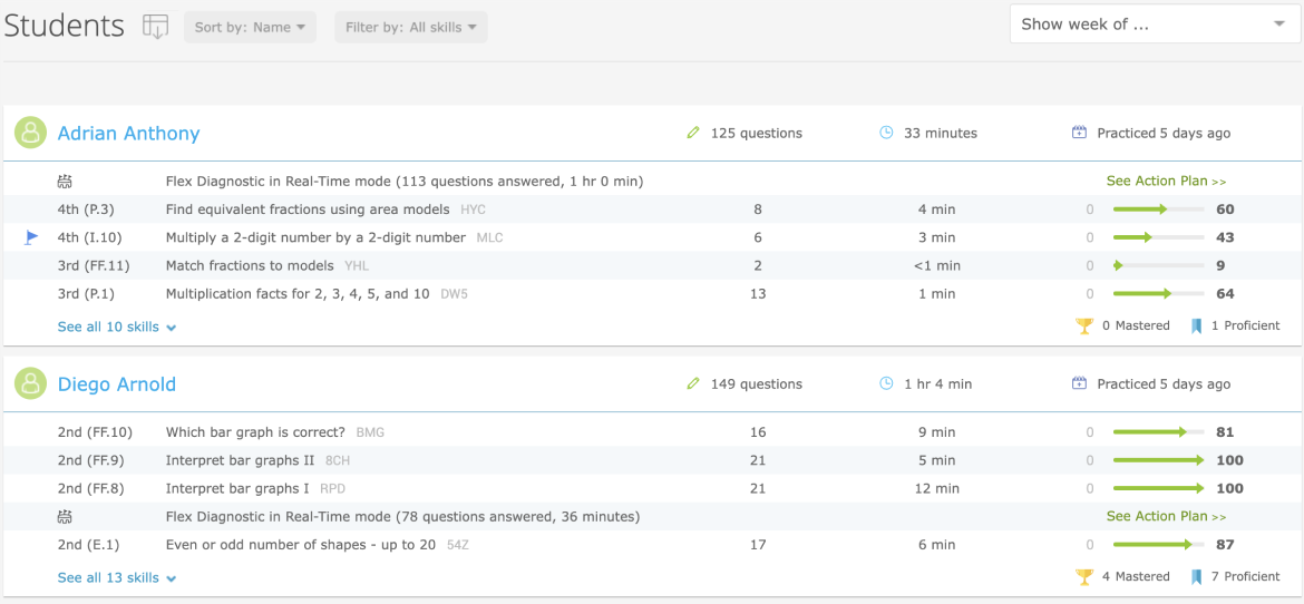 The Student Quickview report,. At the top, next to the header and filters, is an icon of a spreadsheet and a downward arrow to export the data as a CSV.